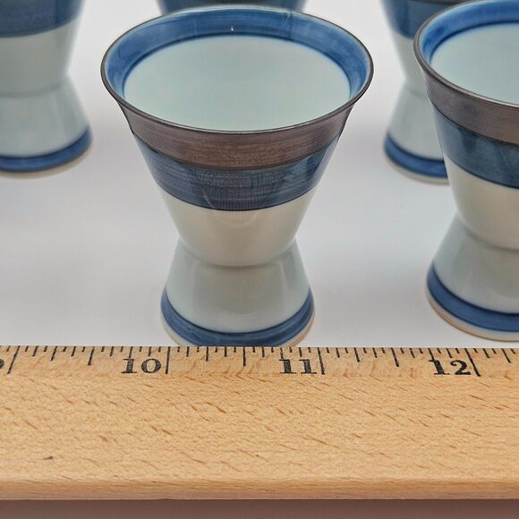 Japanese Hand Decorated Blue Silver White Sake Cups Set of 8 with Box - Picture 10 of 10